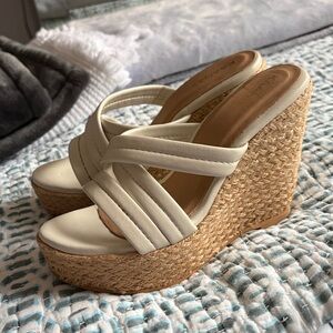 Kaanas Cream Woven Espadrille Wedge Sandals